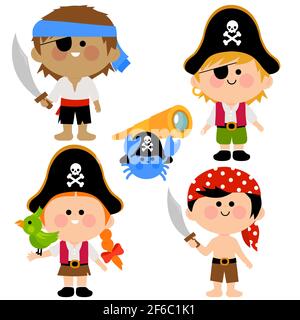 Glückliche Jungen und Mädchen in Piratenkostümen mit Schwertern. Kinder Piraten, Papageien und Meerestiere. Stockfoto