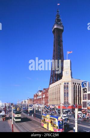 Blackpool Tram 719 in 'Walls Ice-cream' Livery neben dem Turm, Lancashire, England, Großbritannien Stockfoto