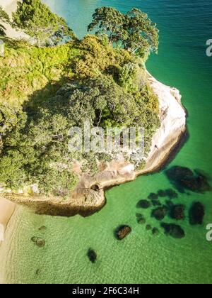 Blick auf die Küste. Seichtes Wasser, das von Sonnenschein beleuchtet wird. Luftaufnahme von Neuseeland fantastische Landschaften und Landschaften. Stockfoto
