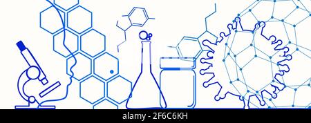 Medizinische Industrie, Biotechnologie und Biochemie. Wissenschaftliche medizinische Designs. Viruserkrankungen relatives Thema. Menschliche Kopfsilhouette. Dünne Linien b Stock Vektor
