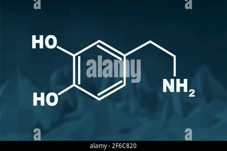 Chemische molekulare Formel Hormon Dopamin. Infografiken-Illustration. Niedriger Poly-Hintergrund. Low Poly Mountains Landschaft Hintergrund. Stock Vektor