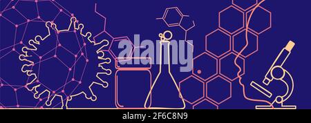 Medizinische Industrie, Biotechnologie und Biochemie. Wissenschaftliche medizinische Designs. Viruserkrankungen relatives Thema. Menschliche Kopfsilhouette. Dünne Linien b Stock Vektor