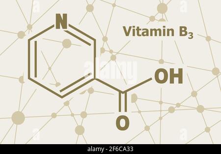 Strukturelle chemische Formel von Niacin. Nikotinsäure oder Vitamin B3. Verbundene Linien mit Punkten Hintergrund. Stock Vektor