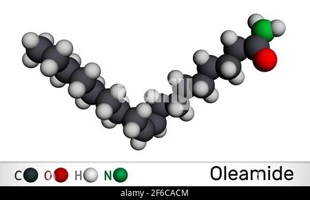 Oleamidmolekül. Es handelt sich um Fettsäureamid, das aus Ölsäure gewonnen wird. Molekularmodell. 3D-Rendering. Abbildung Stockfoto