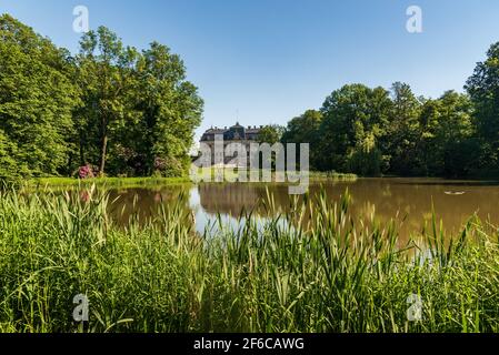 Öffentlicher Park mit Teich, Wiese und Schloss in Pszczyna Stadt in Polen während des schönen Frühlingstages Stockfoto