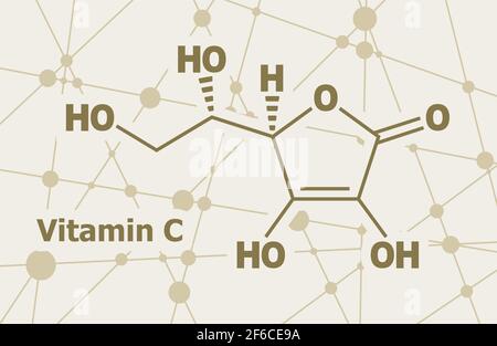 Strukturelle chemische Formel von Ascorbinsäure. Verbundene Linien mit Punkten Hintergrund. Stock Vektor