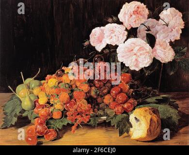 Ferdinand Georg Waldmüller - Stillleben mit Rosen Erdbeeren Brot 1827 Stockfoto