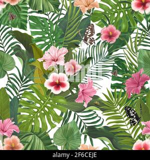 Nahtloses tropisches Muster mit Hibiskusblüten und Blättern. Farbiger Hintergrund aus den Blättern der Kolokasie, Filodendron, Monstera. Stockfoto