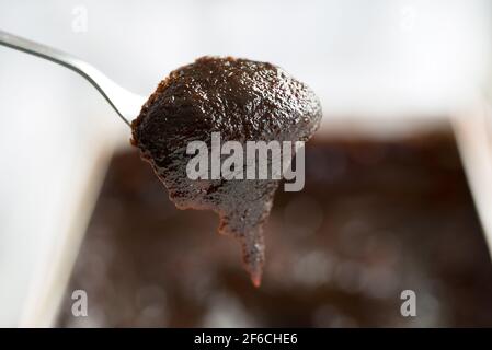 Traditionelles finnisches Osterdessert, Mämmi aus Roggenmehl und Sevilla-Orangenschale. Schwedischer Memma-Pudding. Nahaufnahme Makro von Mämmi Mammi auf einem Löffel Stockfoto