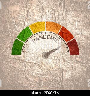 Farbskala mit Pfeil von rot nach grün. Das Symbol für das Pandemiemessgerät. Schild Tachometer, Tachometer, Anzeigen. Farbenfrohe Infografik Gau Stockfoto