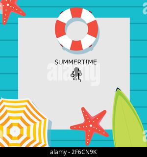 Sommer vektor Banner Design mit Platz für Text und farbigen Elementen in blauen Hintergrund. Vector Illustration. Sommerurlaub Banner Stock Vektor