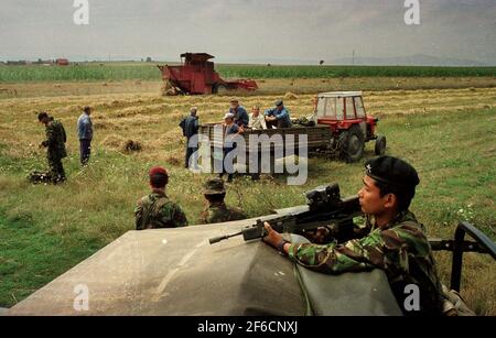 British Army Gurkhas Regiment im Kosovo August 1999Gurkhas Schutz der serben Ernte in der Nähe von Lipjan im Kosovo Stockfoto