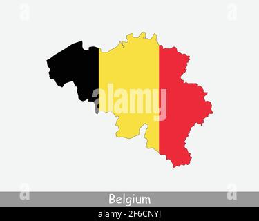 Belgien Karte Flagge. Karte von Belgien mit der belgischen Nationalflagge isoliert auf weißem Hintergrund. Vektorgrafik. Stock Vektor
