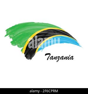 Aquarell Malerei Flagge von Tansania. Handzeichnung Pinselstrich Illustration Stock Vektor