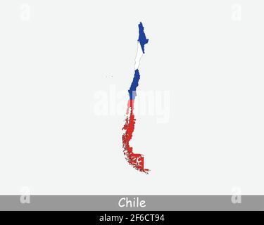 Chile Karte Flagge. Karte von Chile mit der chilenischen Nationalflagge isoliert auf weißem Hintergrund. Vektorgrafik. Stock Vektor