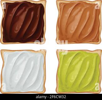 Set von Toasts Brot mit vier Versionen Creme isoliert auf weißem Hintergrund. Fotorealistische Vektordarstellung. Stock Vektor