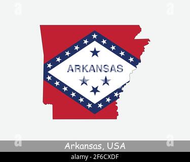 Arkansas Karte Flagge. Karte von Arkansas, USA mit der Staatsflagge von Arkansas isoliert auf weißem Hintergrund. Vereinigte Staaten, Amerika, Amerikaner, Vereinigte Staaten Stock Vektor