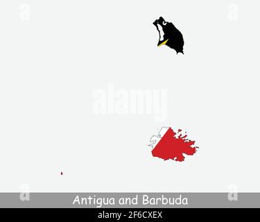 Antigua und Barbuda Karte Flagge. Karte von Antigua und Barbuda mit der Nationalflagge von Antigua und Barbuda isoliert auf weißem Hintergrund. Vektorgrafiken Stock Vektor