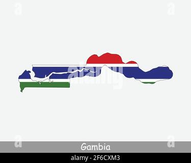 Die Gambia Karte Flagge. Karte der Republik Gambia mit der gambischen Nationalflagge isoliert auf weißem Hintergrund. Vektorgrafik. Stock Vektor