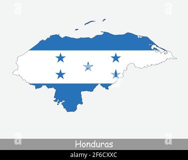 Honduras Karte Flagge. Karte der Republik Honduras mit der honduranischen Nationalflagge isoliert auf weißem Hintergrund. Vektorgrafik. Stock Vektor