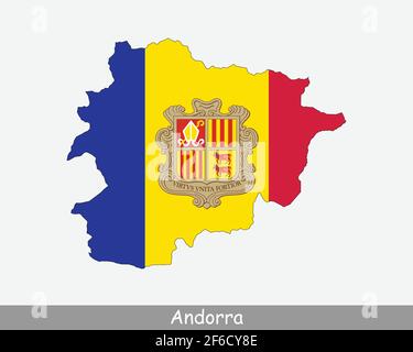 Andorra Karte Flagge. Karte von Andorra mit der Nationalflagge von Andorra isoliert auf weißem Hintergrund. Vektorgrafik. Stock Vektor