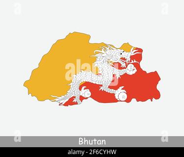 Bhutan Karte Flagge. Karte von Bhutan mit der bhutanischen Nationalflagge isoliert auf weißem Hintergrund. Vektorgrafik. Stock Vektor