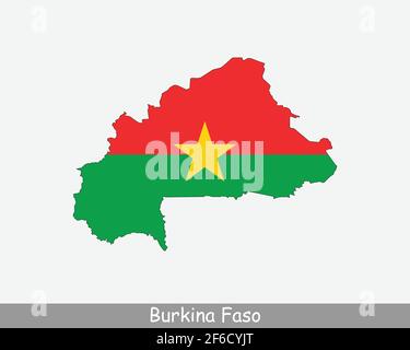 Burkina Faso Karte Flagge. Karte von Burkina Faso mit der birkinesischen Nationalflagge isoliert auf weißem Hintergrund. Vektorgrafik. Stock Vektor