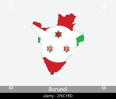 Burundi Karte Flagge. Karte von Burundi mit der burundischen Nationalflagge isoliert auf weißem Hintergrund. Vektorgrafik. Stock Vektor