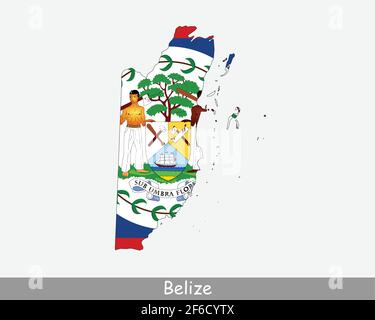 Belize Karte Flagge. Karte von Belize mit der belizischen Nationalflagge isoliert auf weißem Hintergrund. Vektorgrafik. Stock Vektor
