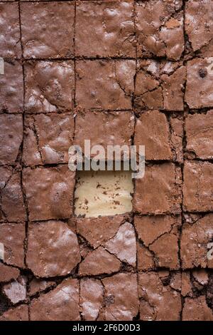 Bereit zu essen geschnitten Doppel Schokolade Brownies heiß aus dem Ofen In Quadrate schneiden Stockfoto