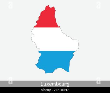 Luxemburg Karte Flagge. Karte des Großherzogtums Luxemburg mit isolierter Nationalflagge auf weißem Hintergrund. Vektorgrafik. Stock Vektor