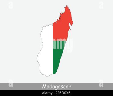 Madagaskar Karte Flagge. Karte der Republik Madagaskar mit der madagassischen Nationalflagge isoliert auf weißem Hintergrund. Vektorgrafik. Stock Vektor
