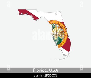 Florida Karte Flagge. Karte von FL, USA mit isolierter Staatsflagge auf weißem Hintergrund. Vereinigte Staaten, Amerika, Amerikaner, Vereinigte Staaten von Amerika, US Stat Stock Vektor