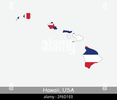 Hawaii Karte Flagge. Karte Hawaii mit der Hawaii Staatsflagge isoliert auf weißem Hintergrund. Vereinigte Staaten, Amerika, Amerikaner, Vereinigte Staaten von Amerika, USA Stock Vektor