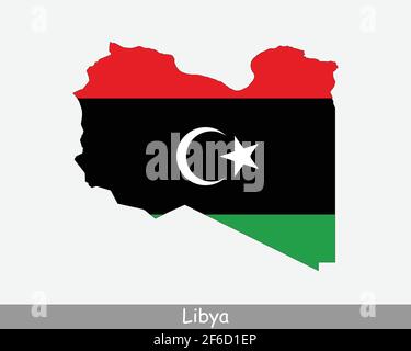 Libyen Karte Flagge. Karte des Staates Libyen mit der libyschen Nationalflagge isoliert auf weißem Hintergrund. Vektorgrafik. Stock Vektor