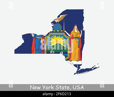 Flagge Von New York State Map. Karte von NY, USA mit der Staatsflagge isoliert auf weißem Hintergrund. Vereinigte Staaten, Amerika, Amerikaner, Vereinigte Staaten von Amerika, Stock Vektor