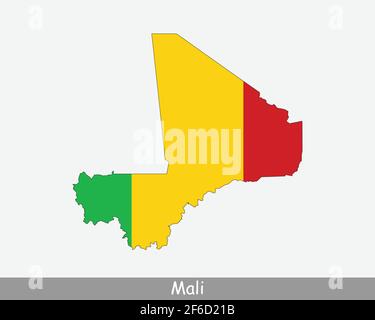 Mali Karte Flagge. Karte der Republik Mali mit der malischen Nationalflagge isoliert auf weißem Hintergrund. Vektorgrafik. Stock Vektor