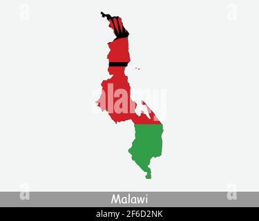 Malawi Karte Flagge. Karte der Republik Malawi mit der malawischen Nationalflagge isoliert auf weißem Hintergrund. Vektorgrafik. Stock Vektor