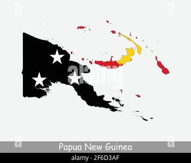 Papua-Neuguinea Flagge Karte. Karte des unabhängigen Staates Papua-Neuguinea mit der Nationalflagge Papua-Neuguineas auf weißem Hintergrund isoliert. V Stock Vektor