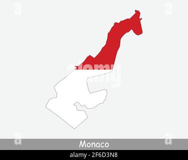 Monaco Karte Flagge. Karte des Fürstentums Monaco mit der monakanischen Nationalflagge isoliert auf weißem Hintergrund. Vektorgrafik. Stock Vektor