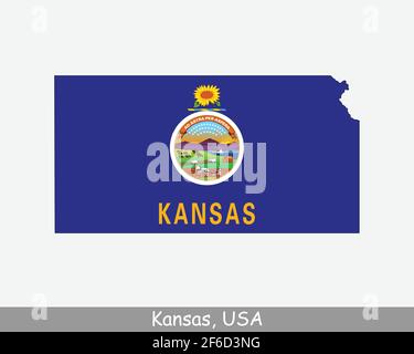 Kansas Karte Flagge. Karte von KS, USA mit isolierter Staatsflagge auf weißem Hintergrund. Vereinigte Staaten, Amerika, Amerikaner, Vereinigte Staaten von Amerika, US-Bundesstaat Stock Vektor