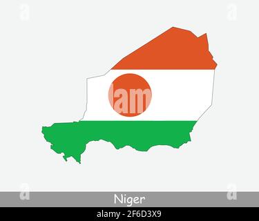 Karte Mit Der Flagge Von Niger. Karte der Republik Niger mit der nigerianischen Nationalflagge isoliert auf weißem Hintergrund. Vektorgrafik. Stock Vektor