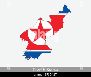 Nordkorea Flaggenkarte. Karte der Demokratischen Volksrepublik Korea mit der nordkoreanischen Nationalflagge isoliert auf weißem Hintergrund. Vektordarstellung Stock Vektor