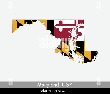 Maryland Karte Flagge. Karte von MD, USA mit isolierter Staatsflagge auf weißem Hintergrund. Vereinigte Staaten, Amerika, Amerikaner, Vereinigte Staaten von Amerika, US Sta Stock Vektor