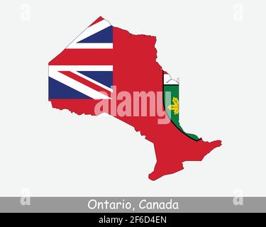 Ontario Karte Flagge. Karte von ON, Kanada mit der Flagge isoliert auf weißem Hintergrund. Kanadische Provinz. Vektorgrafik. Stock Vektor