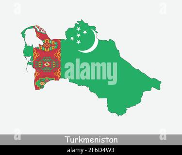 Turkmenistan Flagge Karte. Karte von Turkmenien mit der Turkmenistani Nationalflagge isoliert auf weißem Hintergrund. Vektorgrafik. Stock Vektor