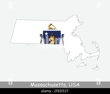 Massachusetts Karte Flagge. Karte von MA, USA mit isolierter Staatsflagge auf weißem Hintergrund. Vereinigte Staaten, Amerika, Amerikaner, Vereinigte Staaten von Amerika, U Stock Vektor