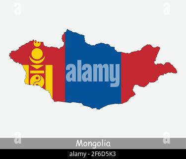 Mongolei Karte Flagge. Karte der Mongolei mit der mongolischen Nationalflagge isoliert auf weißem Hintergrund. Vektorgrafik. Stock Vektor