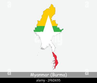 Myanmar Burma Flagge Karte. Karte der Republik der Union von Myanmar mit der birmanischen Nationalflagge isoliert auf weißem Hintergrund. Vektorgrafik. Stock Vektor