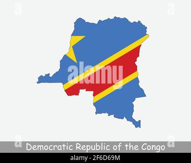 Demokratische Republik Kongo Karte Flagge. Karte der Demokratischen Republik Kongo mit der kongolesischen Nationalflagge isoliert auf weißem Hintergrund. Vektorgrafik. Stock Vektor